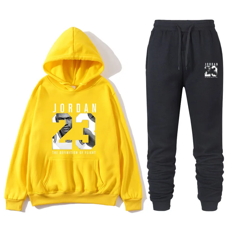 New men's sweater suit 23 sportswear sweater suit fleece hoodie+ sports pants jogging men's and women's sweater 3XL sportswear - Color: yellow