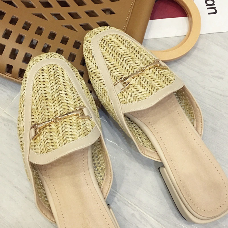 New Fashion Women Mules Slipper Low Heel Slip On Slide Sandals Cane Woven Beach Summer Slippers Flat Sandals