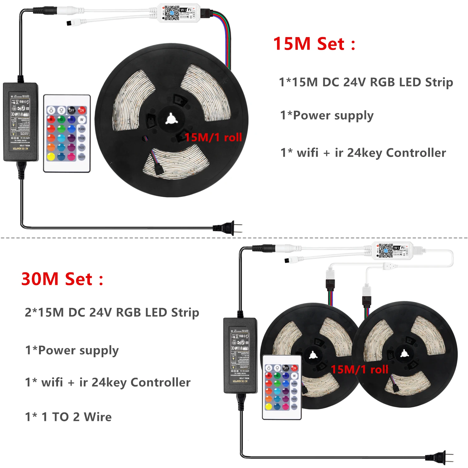 15M WiFi LED Strip Light RGB Tape Diode Neon Ribbon tira fita SMD 5050 30M Flexible Light String With WiFI Controller adapter