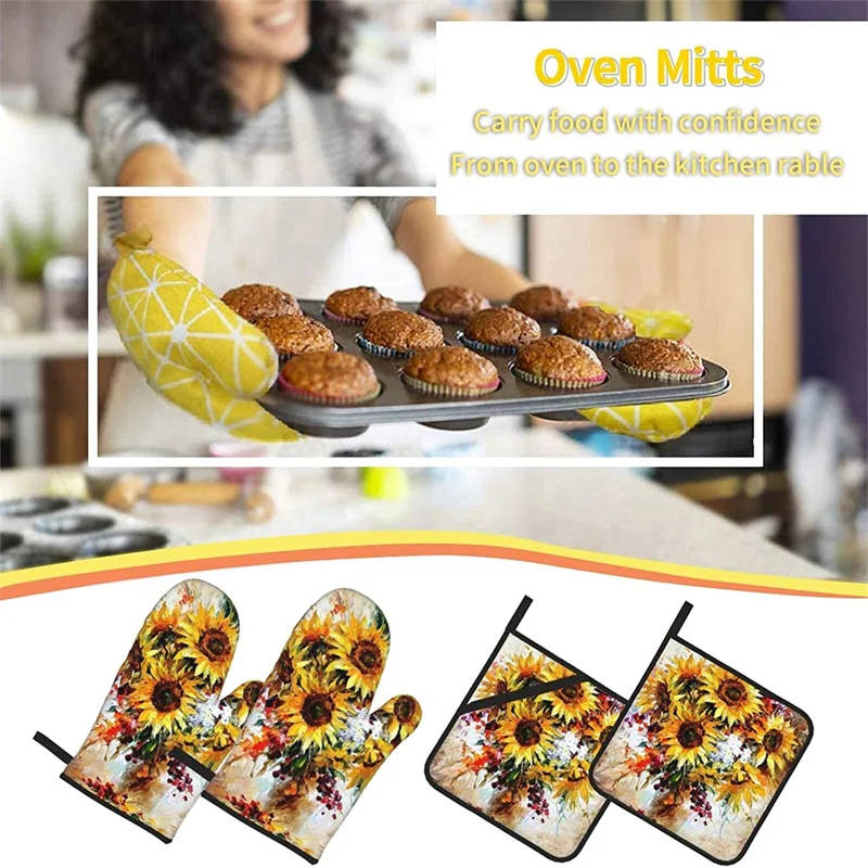 

Oven glove and pot holder set heat-resistant 4-piece set, kitchen utensils non-slip insulating gloves for baking and cooking