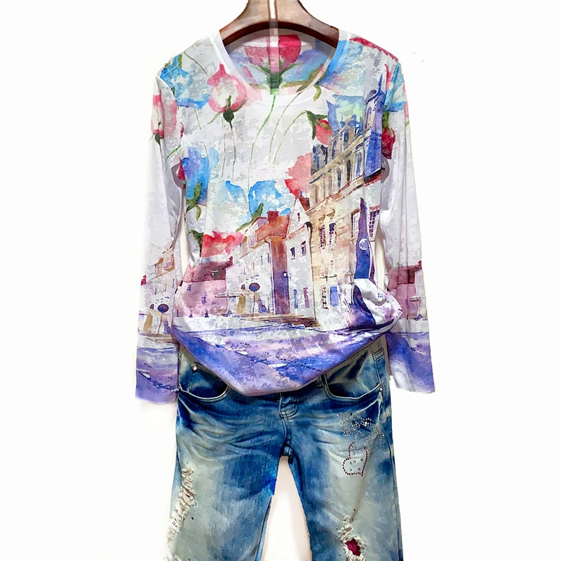 

2021 autumn Hot drilling Butterfly Rose print t shirt women long sleeve graphic tees modis tshirt tops 4XL Loose tee shirt femme