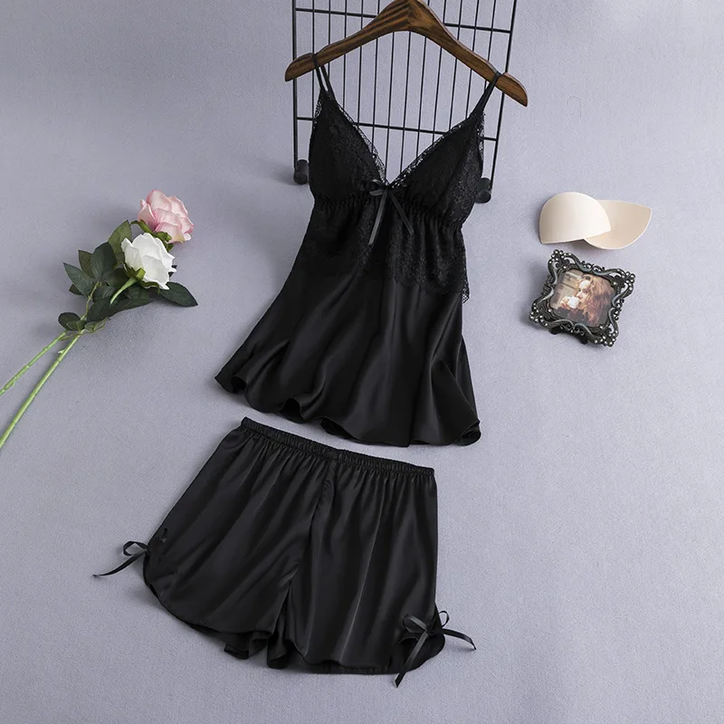 black set Fiklyc, нижнее белье, шелковые пижамы для женщин, костюм для сна, новинка, летняя Пижама, mujer, сексуальное кружевное белье, женская пижама, атласная, лучшее - Цвет: black set