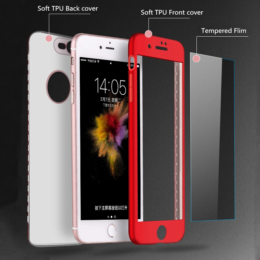 Luxury For iPhone 7 6s Cases Protect 360 TPU Silicone Soft Full Body Protective Case Cover for 6 Plus 5 5S with Tempered Glass |