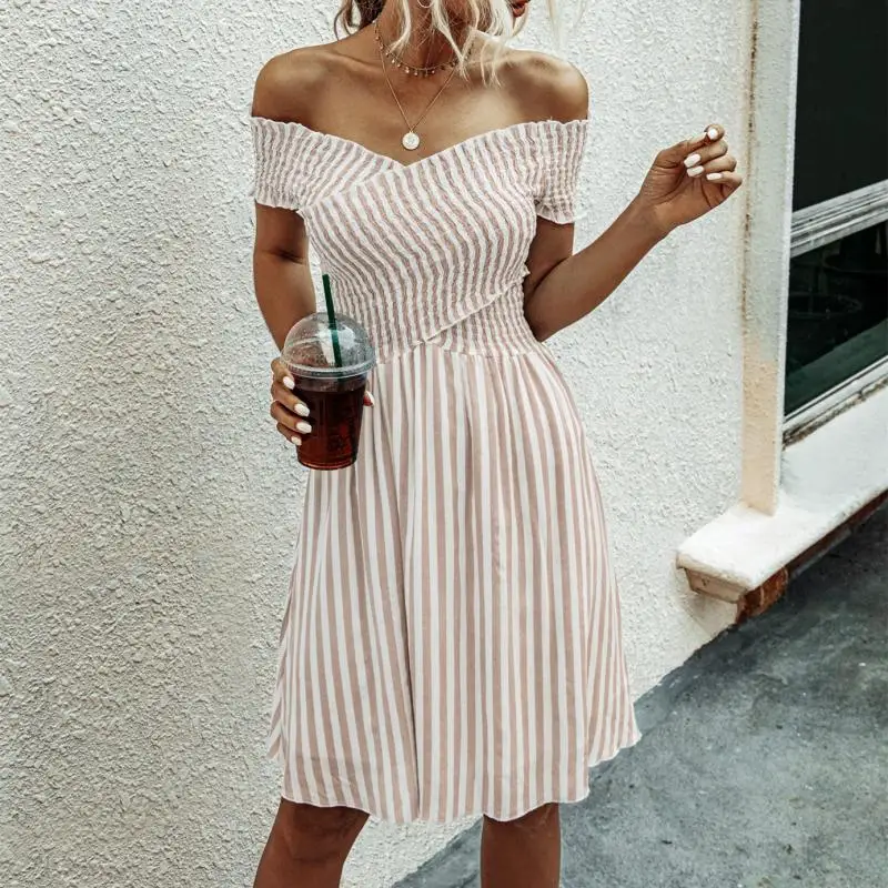 

Sexy Dress Short Sleeve High Waist Women Dresses 2021Summer Ladies clothes V-neck Pleated Off Shoulder Backless Sundress Vestido