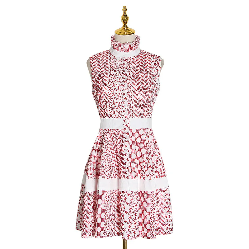 

Fashion brand season new fashion collar sleeveless stitching contrast embroidered ruffle dress women's clothing