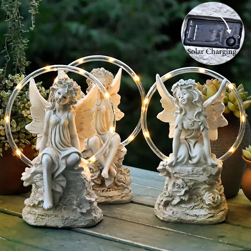 Creative Vintage Cute Fairy Angel Solar Night Light Nordic Style Resin Statue Outdoor Garden Home Decoration Ornament