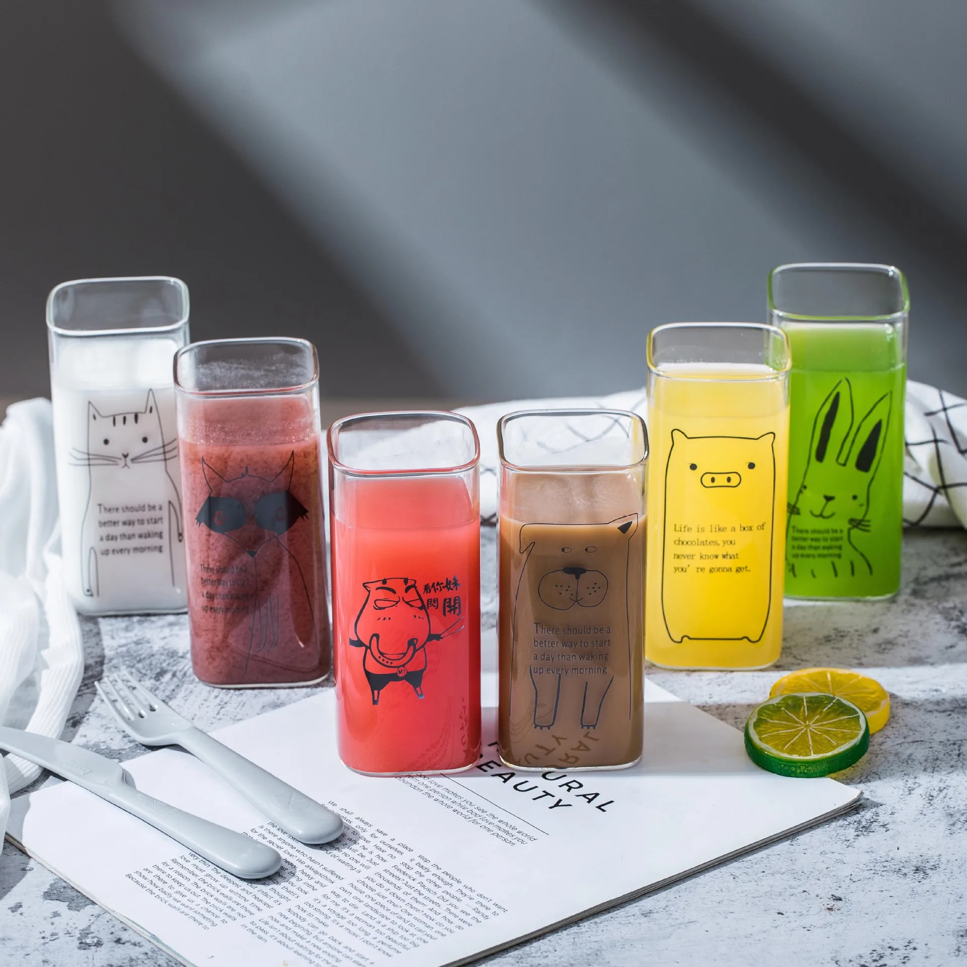 

Heat-Resistant Breakfast Cup Animal Design Kawaii Glass Creative Household Milk Cup Uncovered Printed Student Square Cup