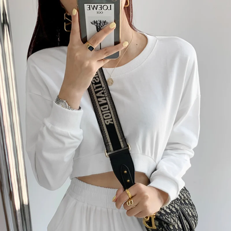 

Cropped Sweatshirts Women Loose Long Sleeve O Neck Lazy All match Stylish Leisure Female Hoodies Spring Chic Ulzzang Short Tops