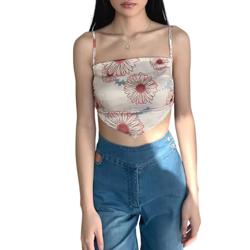 

Для женщин кроп-топы на бретельках платье на бретельках без рукавов Цветочный принт застежка-молния на спине и складками; Топы с бретелькам...