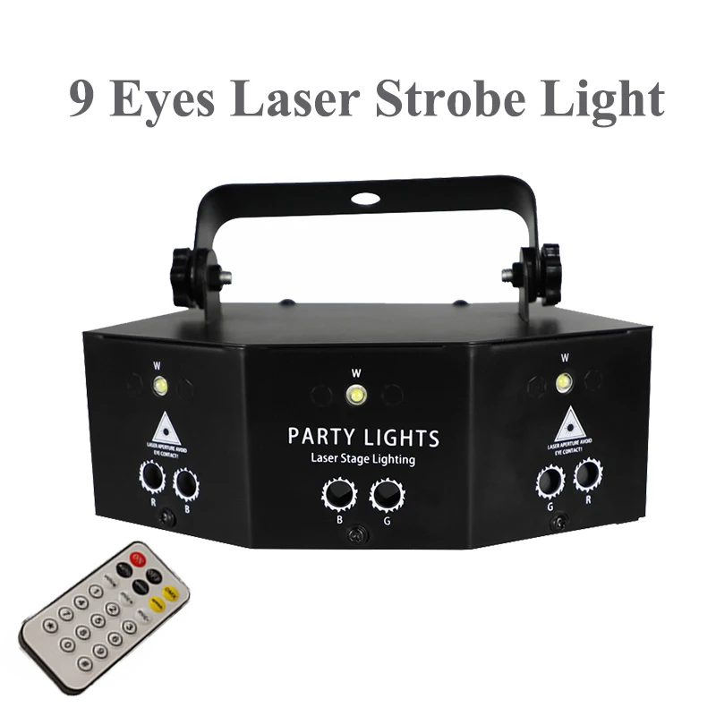 Wireless Remote Control Disco Laser Projector 9 Eyes Laser Strobe Light DMX RGBW Effects Lighting For Christmas Holiday DJ Party