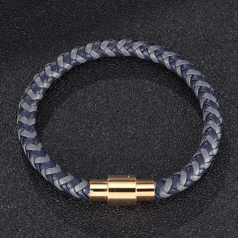 Трендовый мужской браслет серый синий плетеный кожаный для мужчин золотые