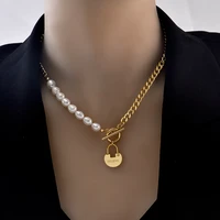 inserts no fading stainless steel natural freshwater pearl necklace fashion toggle clasp simple lock charm pendant gift women