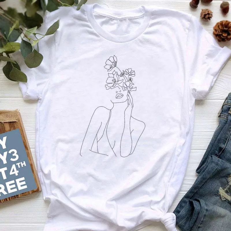 

New T-shirt Women Abstract Line Printing T-shirt Women's Harajuku Fashion Short-sleeved Tops Tees Funny Summer Tee Shirt Female