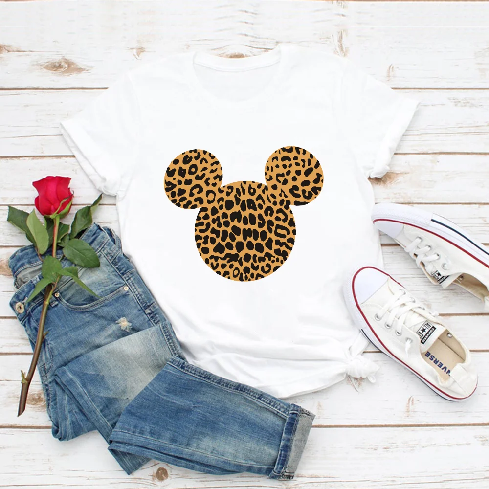 

Leopard Mickey Mouse Head Women T Shirts Summer White O-Neck Short Sleeve Casual Loose Girls Ladies Tee Shirt Graphic Tops