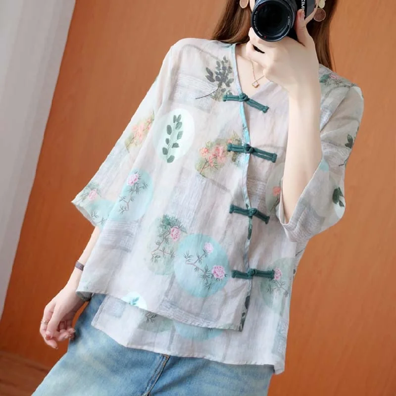 

Chinese Style Clothing Women 2020 Summer Cheongsam Top Cotton Loose Chemise Oversize Femme Tunics Floral Vintage Shirts