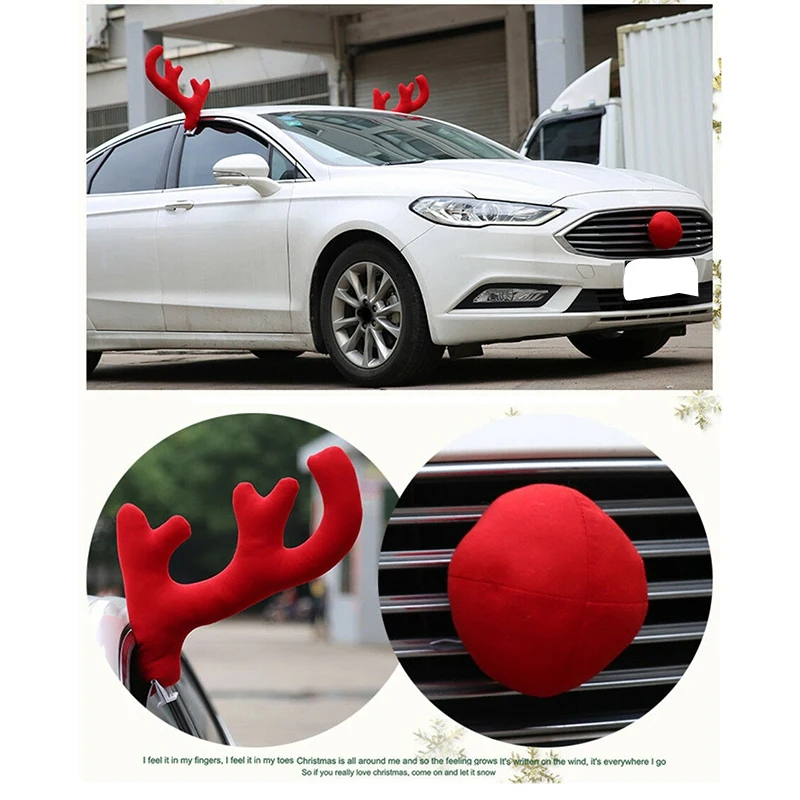 

5Xuniversal Red Plush+Plastic Car Big Reindeer Antler Nose&Rearview Mirror Cover Car Christmas Decoration Kit
