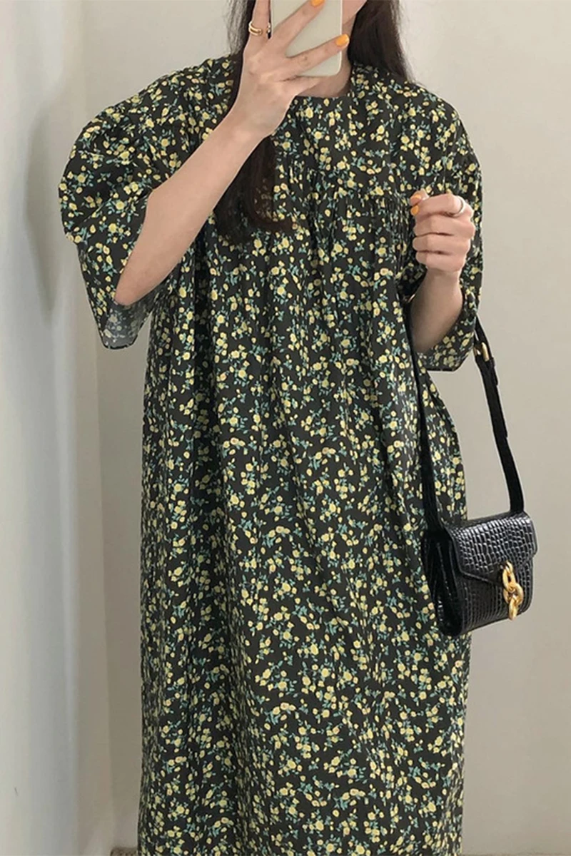 

ZCSMLL Round Neck Pleated Floral Print Female Dresses Design Loose All-match Puff Sleeve Dress for Women 2021 Spring Summer