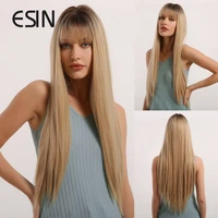 esin synthetic hair dark brown root ombre to blonde wigs with bangs for women naturals heat resistant wig free gifts shipping