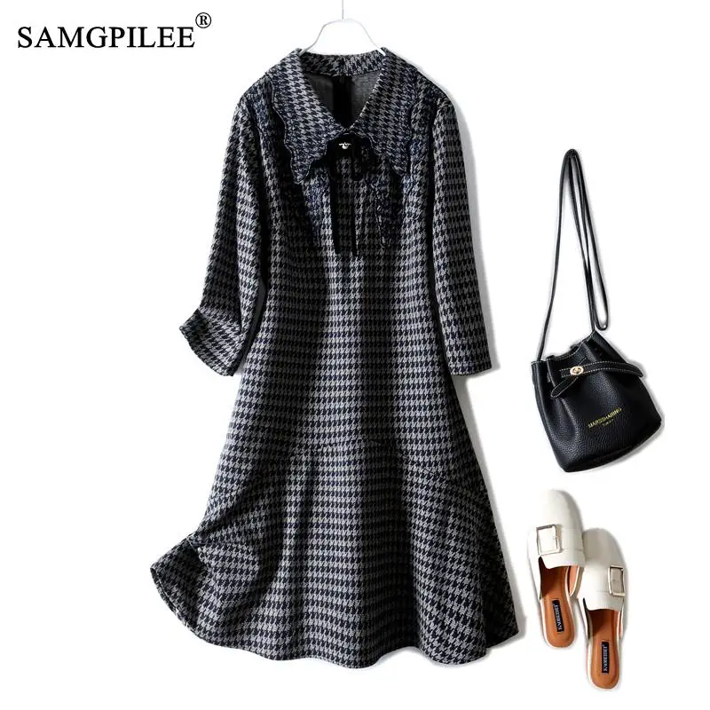 

Casual Women Dresses European Embroidery Dress 2021 Autumn Winter Houndstooth Peter Pan Collar Mermaid Elegant Dresses For Woman