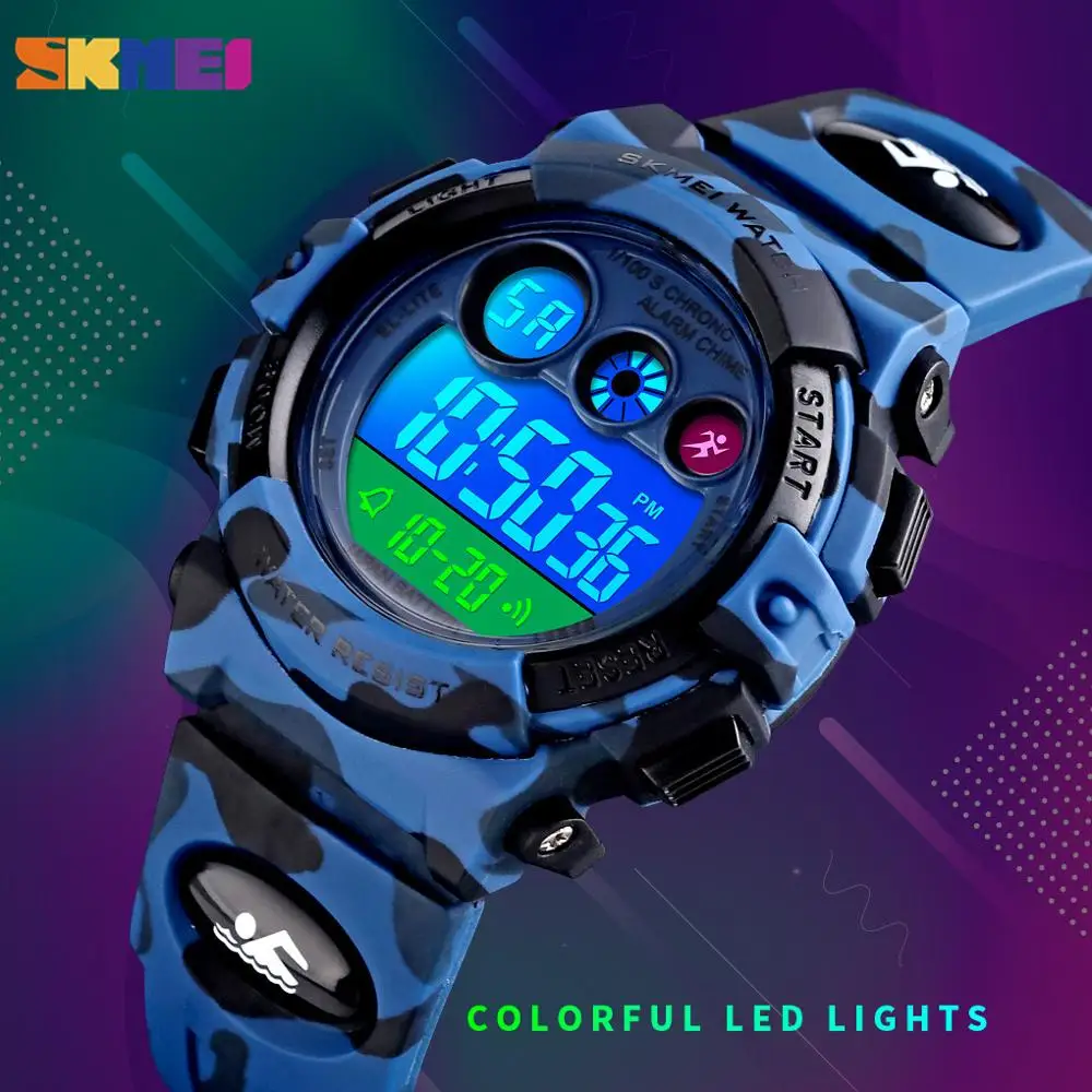 SKMEI Japan Digital movement Boys Girls Waterproof Sport Watches Colorful LED Light Camouflage Wristwatch For Children Kids