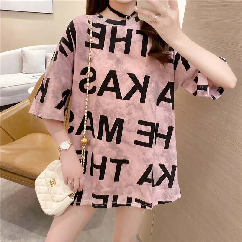 

T Shirt Women 2021 Korean Summer O Neck Letter Print Short Sleeve Women's Top Loose Straight Long Oversized T Shirt