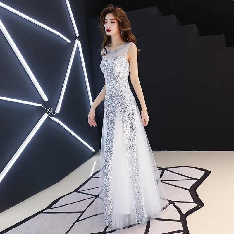 Новое дизайнерское серебристо серое роскошное вечернее платье 2019 облегающее