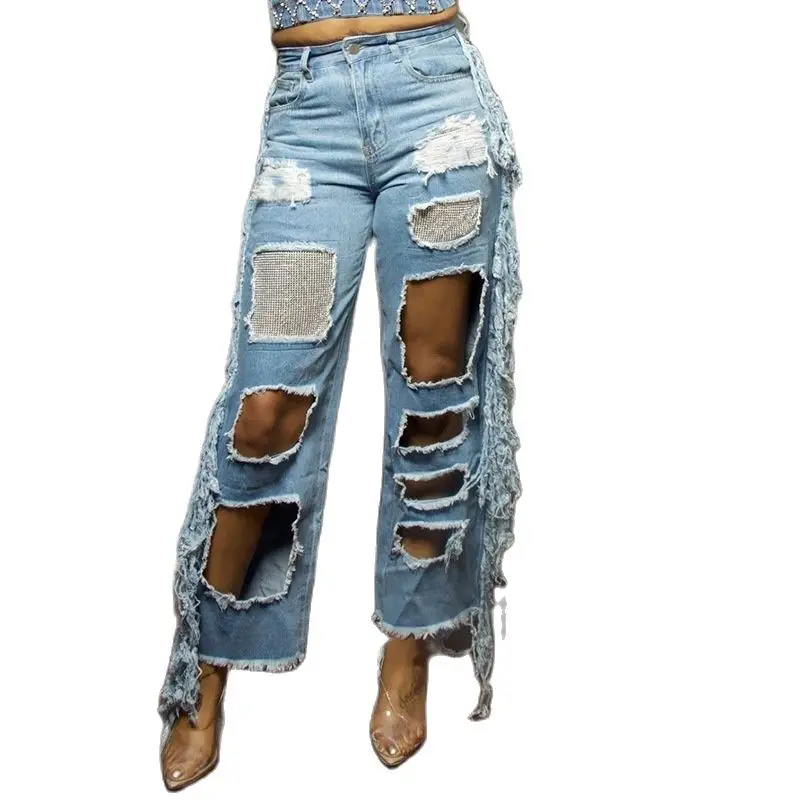 

2022 New Tassel Broken Hole Boyfriend Jeans Hot Drill Denim Light Color Women's Straight Pants Ripped High Waist Jeans