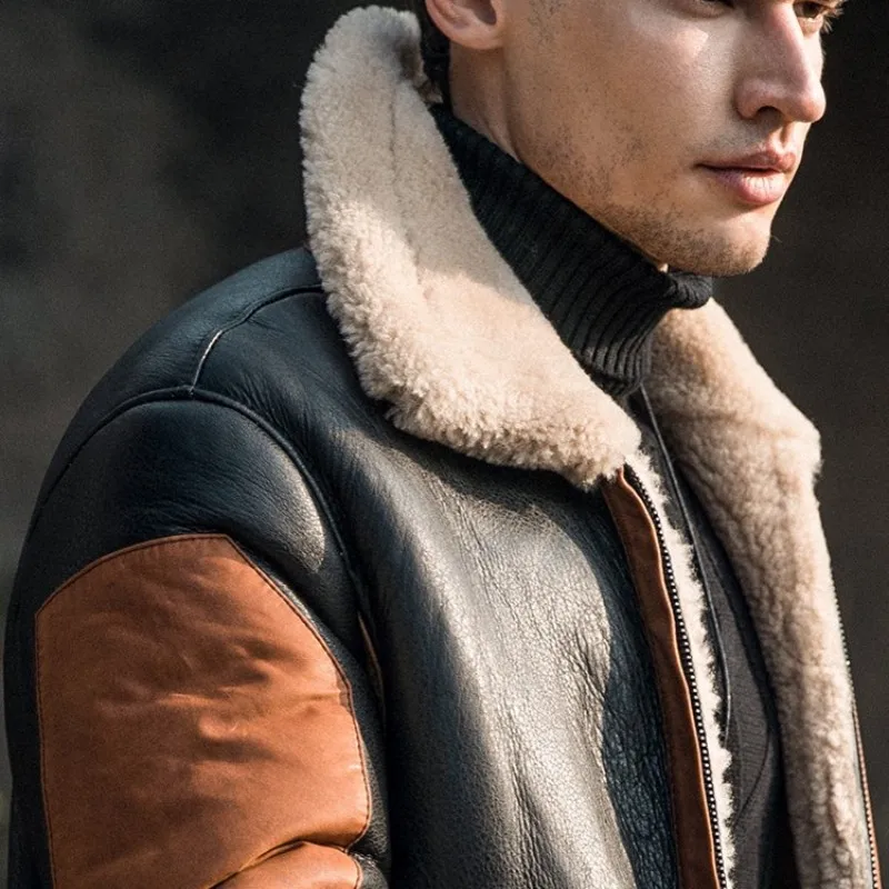 

Luxury Men Biker Coat Short Military Shearling Real Leather Jacket Winter Warm Splice Vintage Real Fur Outerwear Oversize 6XL