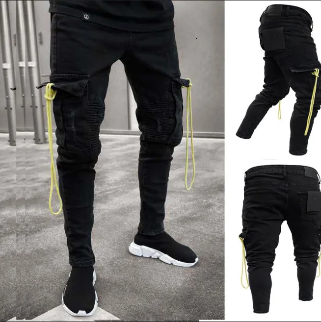 Джинсы-карго мужские с карманами Длинные облегающие брюки-карандаш из