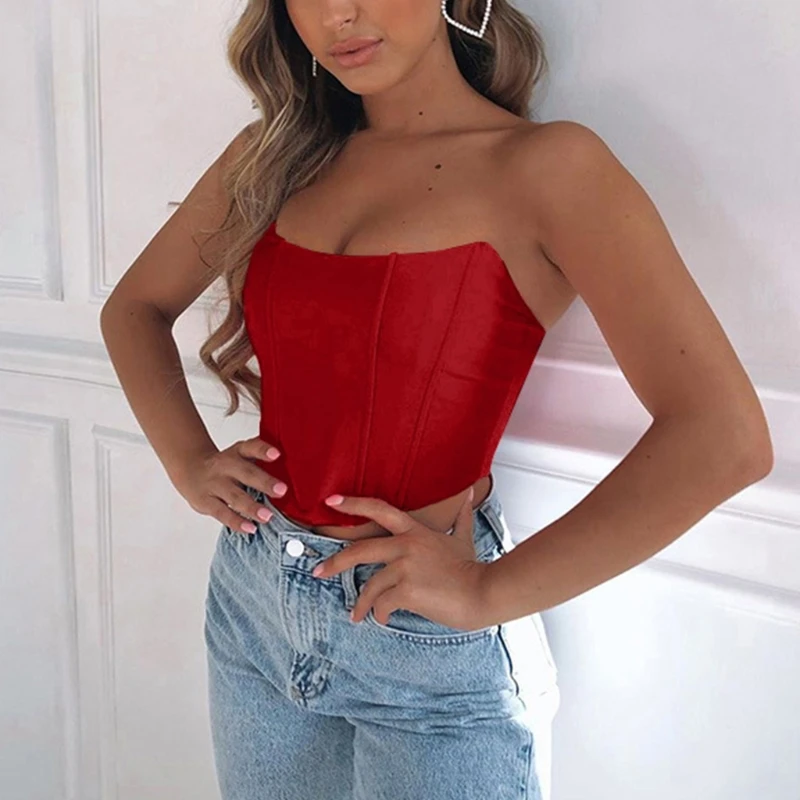 

Women Sexy Strapless Satin Bustier Off the Shoulder Corset Crop Top Shiny Solid Color Sleeveless Overbust Cami Upper Vest M7DD