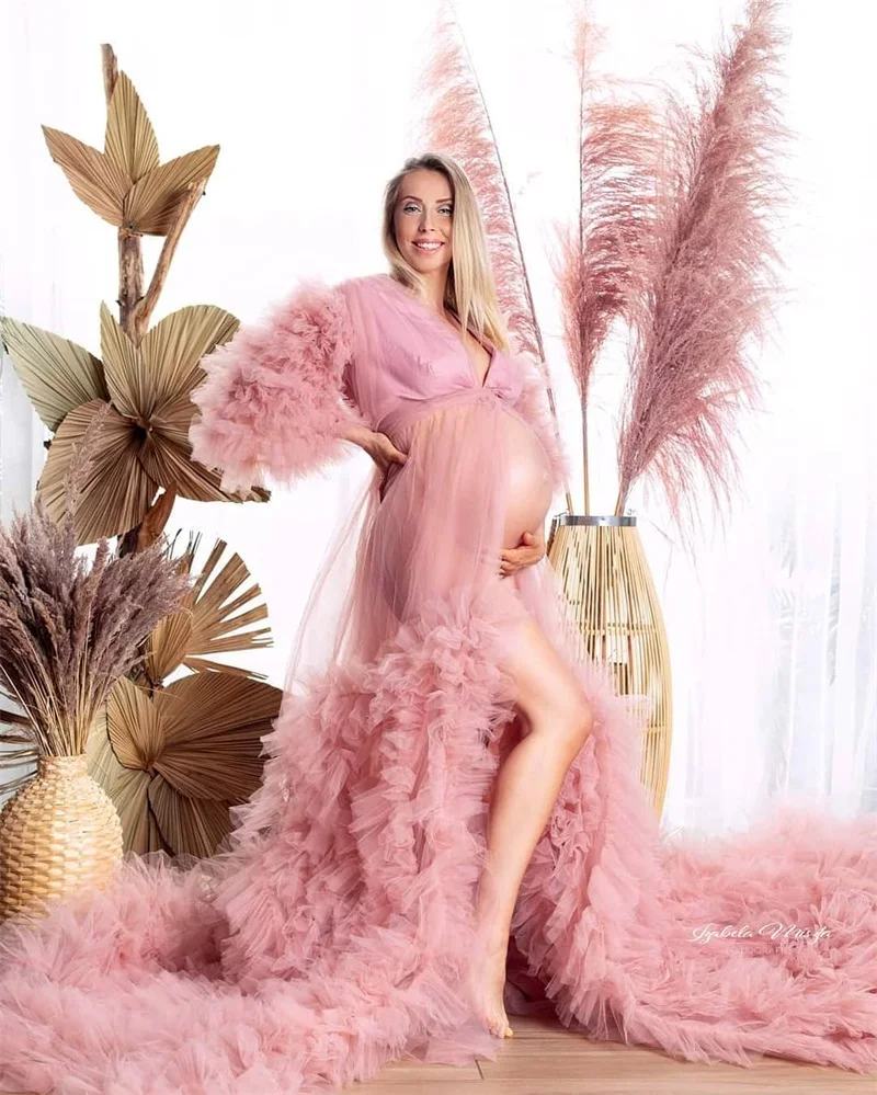 

Pink Maternity Gowns For Photo Shoot Luxury Ruffles Tiered Tulle Women Mermaid Maternity Dresses Custom Made Bathrobe Sleepwear