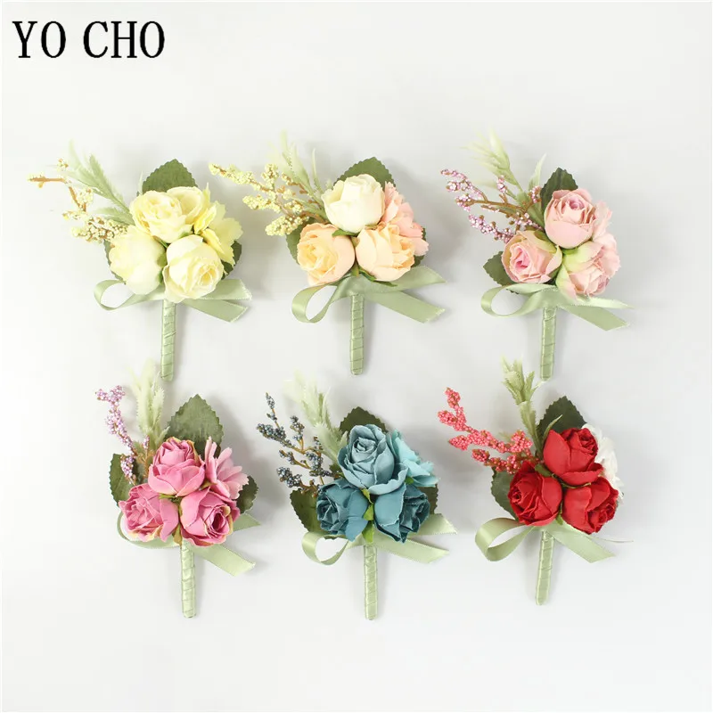 YO CHO Corsage искусственный цветок свадебная бутоньерка шелковые розы Мужская Брошь