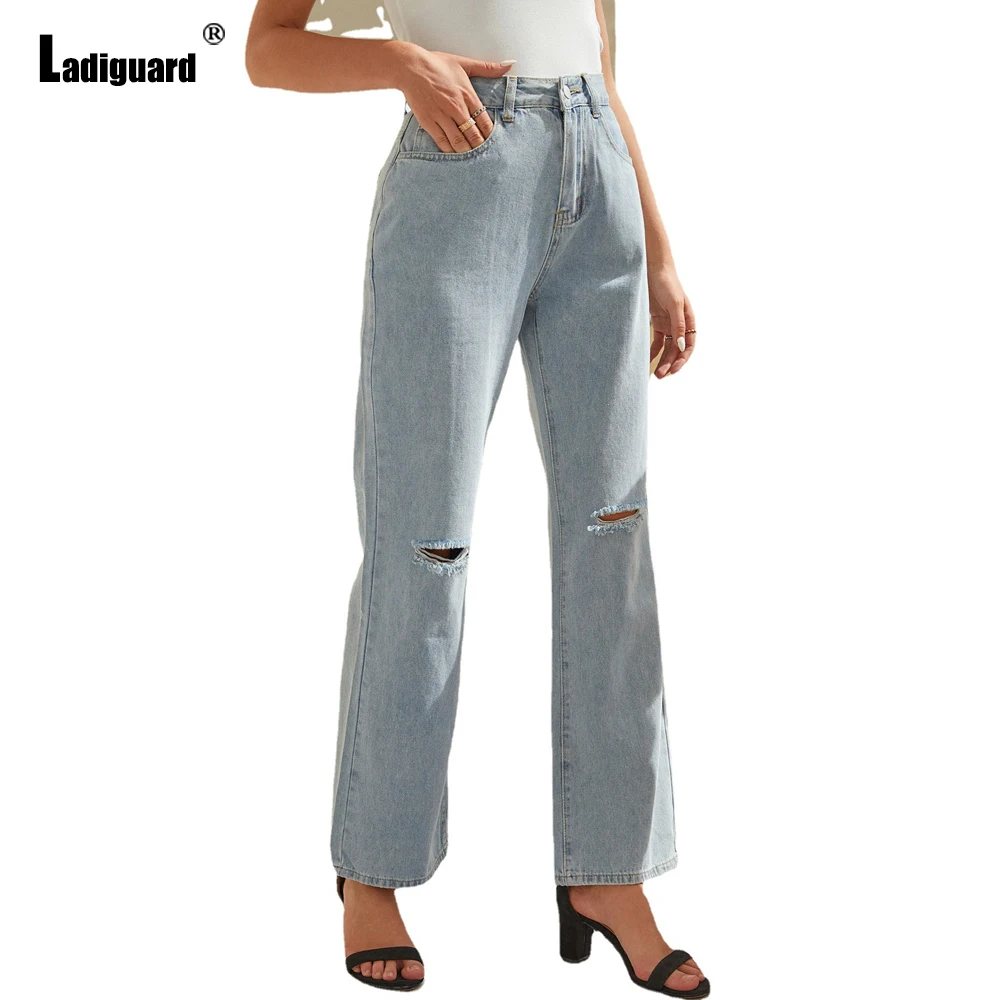 Women Straight Leg Jeans High Cut Skinny Denim Pants Hole Ripped Trousers Girls Streetwear Casual Jeggings Ladies Demin Clothes