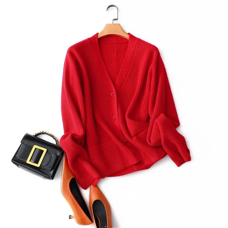

Женский однобортный трикотажный кардиган, свободный однотонный кашемировый офисный свитер с V-образным вырезом, зима 2019