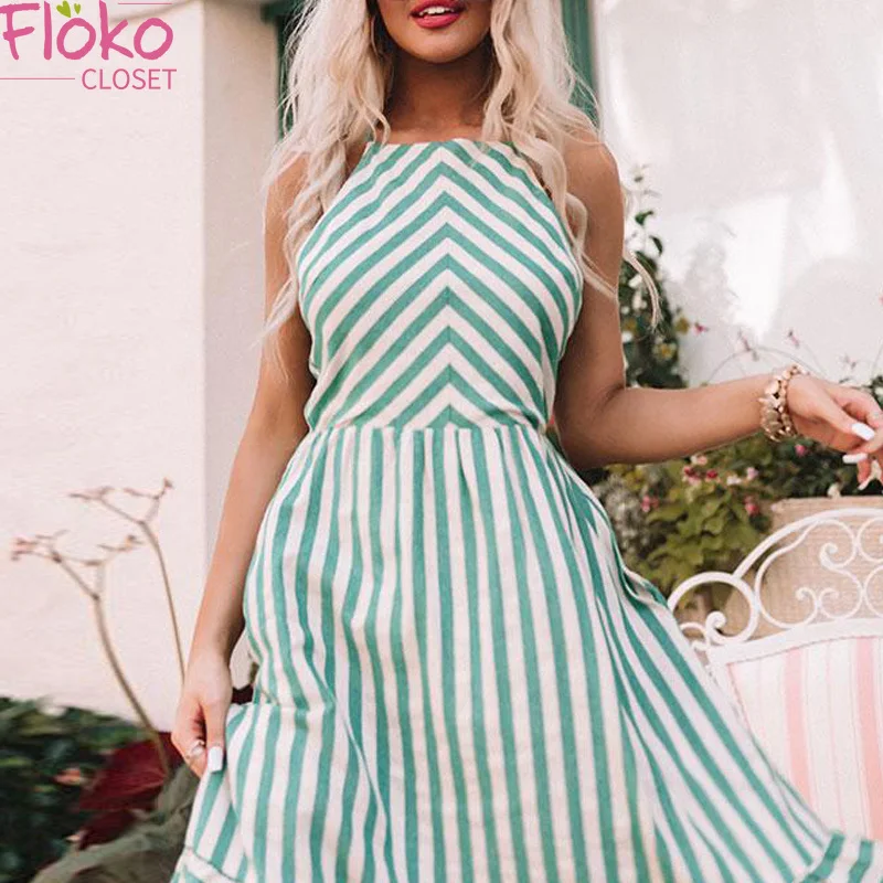 

Flokocloset Sexy Spaghetti Strap Striped Dress Summer Hollow Out Boho Beach Dresses with Pocket Casual Sundress Female