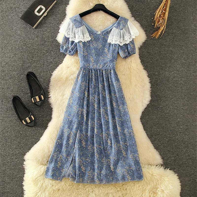 Элегантный дизайн 2020 летнее шифоновое платье Элегантное синее кружевное с