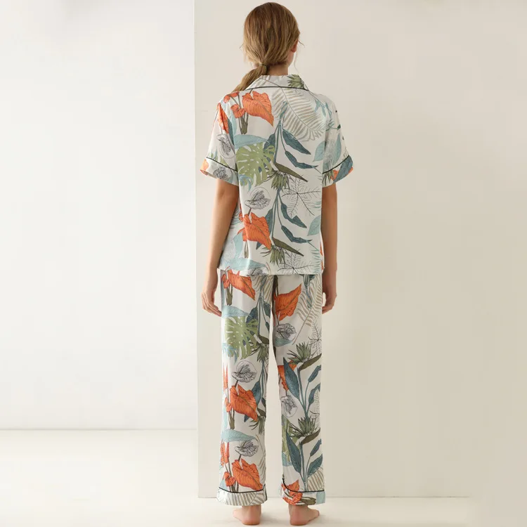 Autumn New Printing Fashion Pajama Suit Woman Satin Short Sleeve Trousers Loose Pyjamas