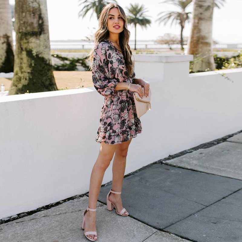 

Sexy Women Print Dress Spring 2021 Casual Backless Lace Up Slim Mini Dresses