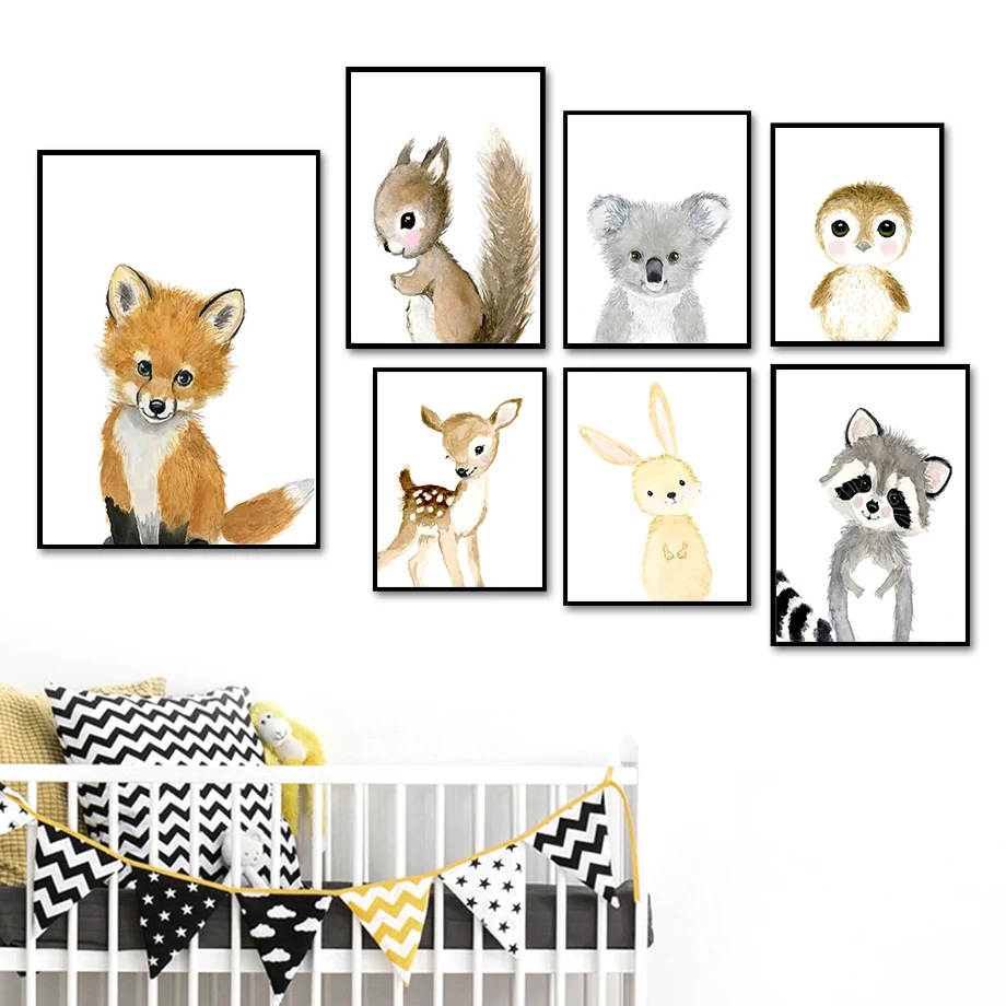 

Fox Squirrel Deer Rabbit Koala Raccoon Penguin Wall Art Canvas Painting Nordic Posters And Prints Wall Pictures Kids Room Decor