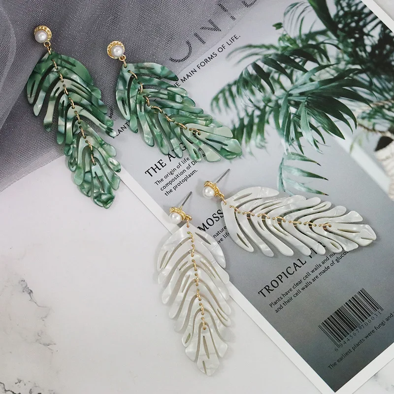 Новые длинные висячие серьги из смолы с зелеными листьями вечерние ювелирные