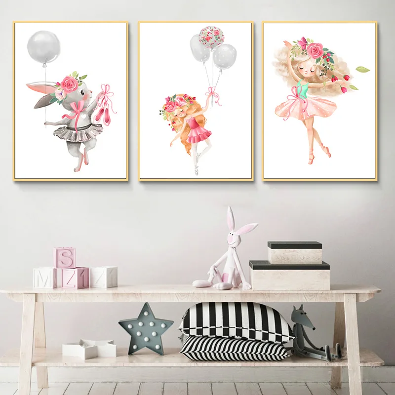 

Pink Cartoon Girl Animal Poster Decorative Painting Children's Cute Room Canvas Art Prints Paint Home Living Room Decor Pictures