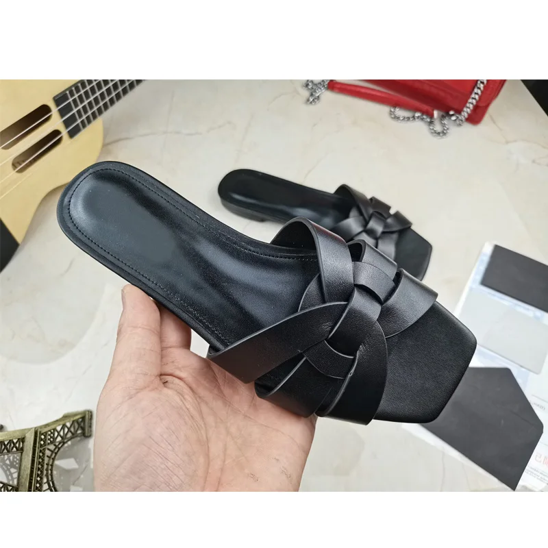

Luxury Shoes 2021 Summer New Style Flip-flops Cowhide Flat-bottomed Indoor Open-toed Square-toed Women's Slippers Beach Shoes