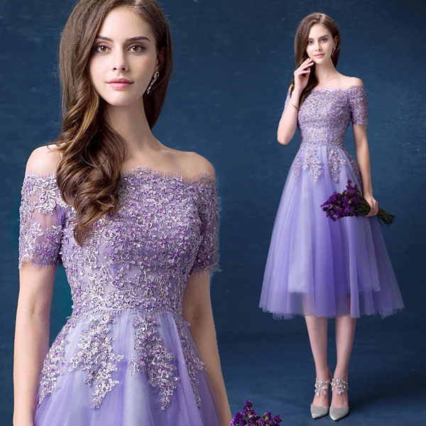 Женское коктейльное платье SSYFashion элегантное фиолетовое тюлевое с вышивкой и