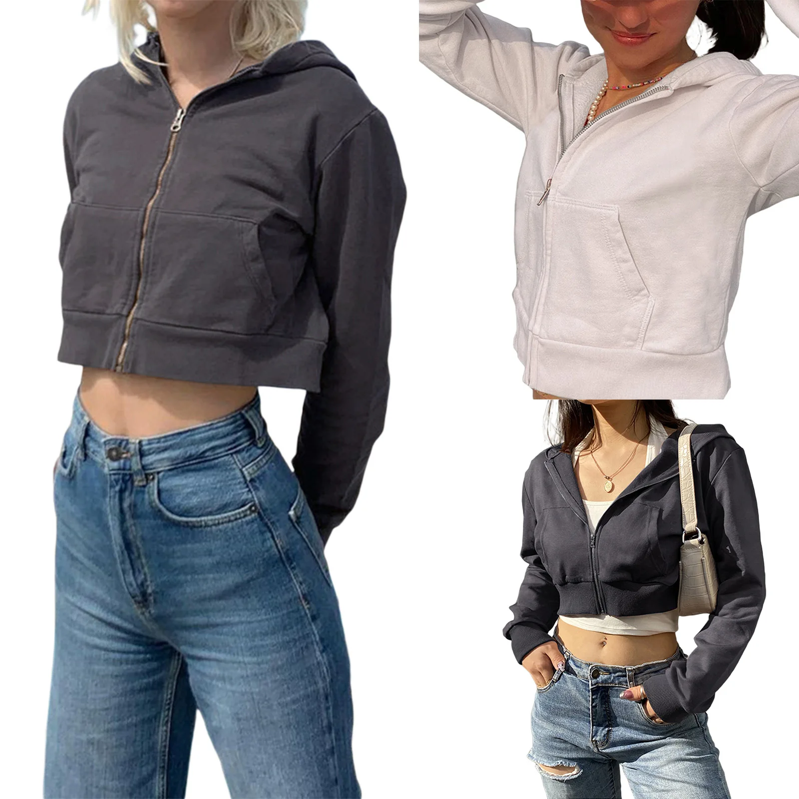 

Hirigin, новинка, модное женское повседневное укороченное короткое пальто Y2K на молнии с капюшоном, однотонная куртка с длинным рукавом, осення...