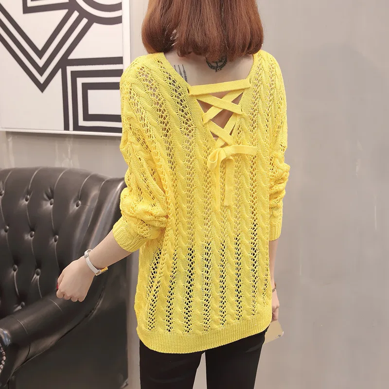 

Women's Sweater 2020 Korean version Spring New Long-Sleeved V-Neck Hollow Pullover Thin Section Loose Fashion Sweater A156