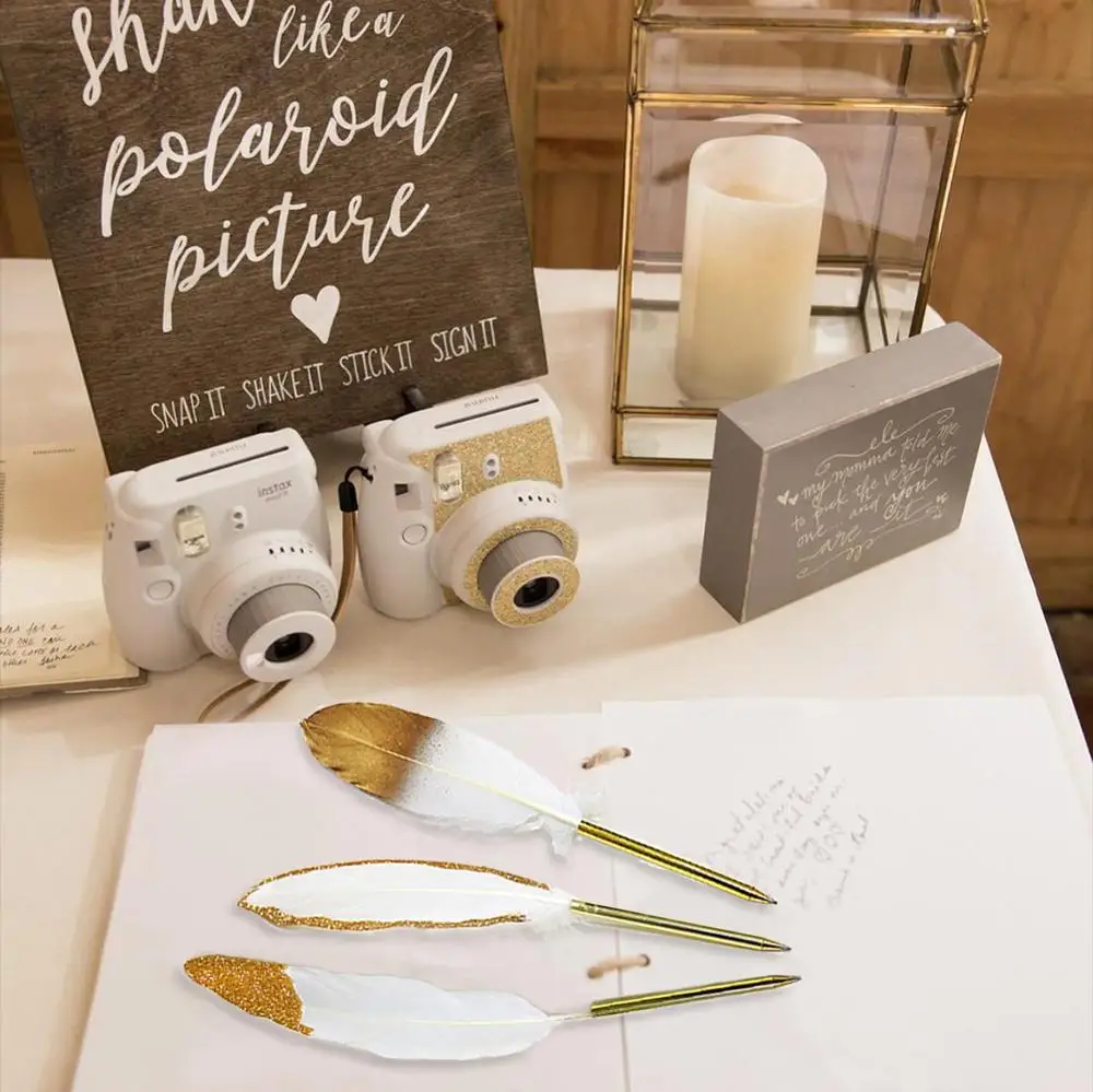 

Golden White Feather Signature Ballpoint Pen Set for Party Reception Signing Ceremony Marriage Bridal Baby Shower Stationery
