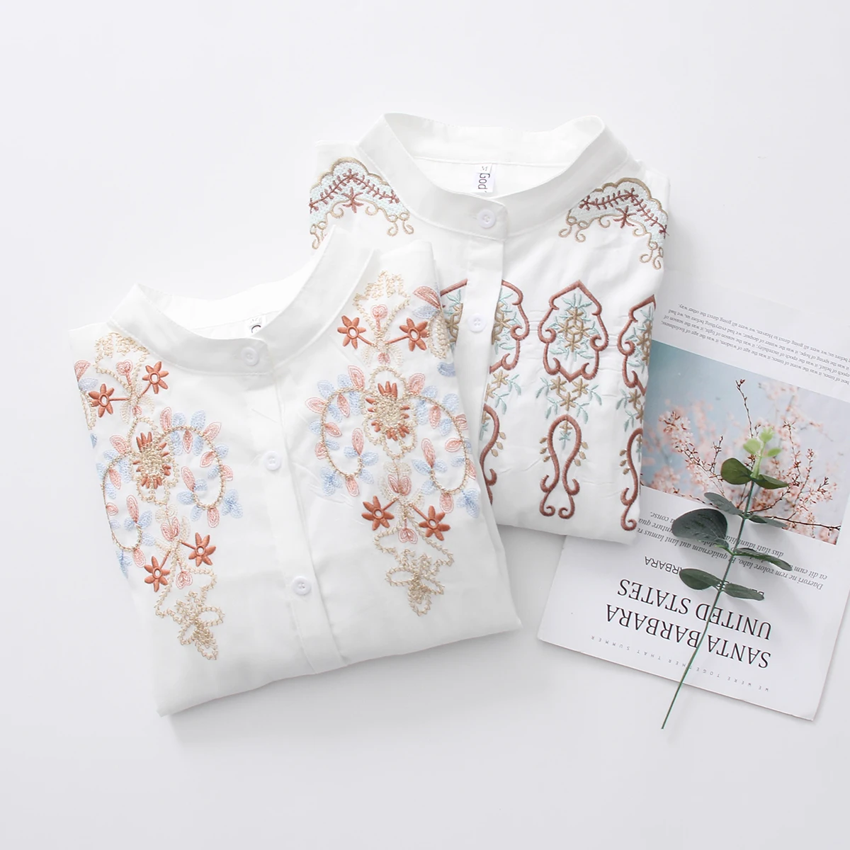 Женские хлопковые топы с длинным рукавом белые рубашки цветочной вышивкой