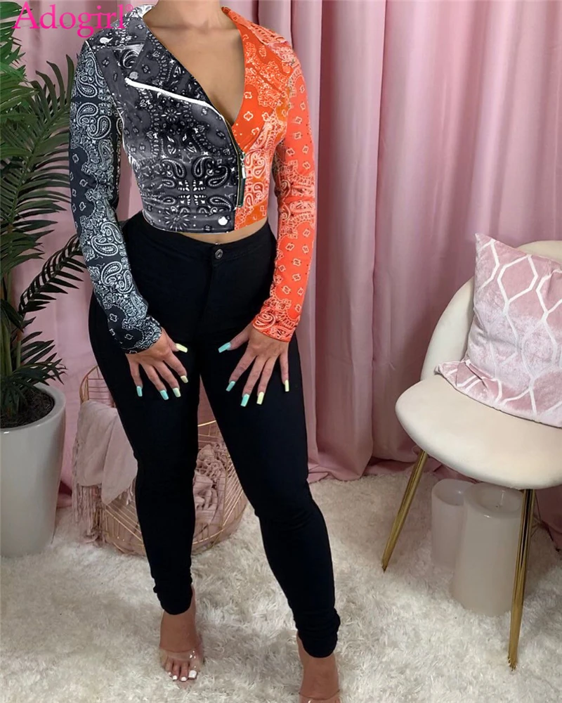 

Женская Осенняя куртка с принтом Adogirl Bandanna, цветное лоскутное пальто с отложным воротником и длинным рукавом, короткое пальто на молнии, модная повседневная верхняя одежда