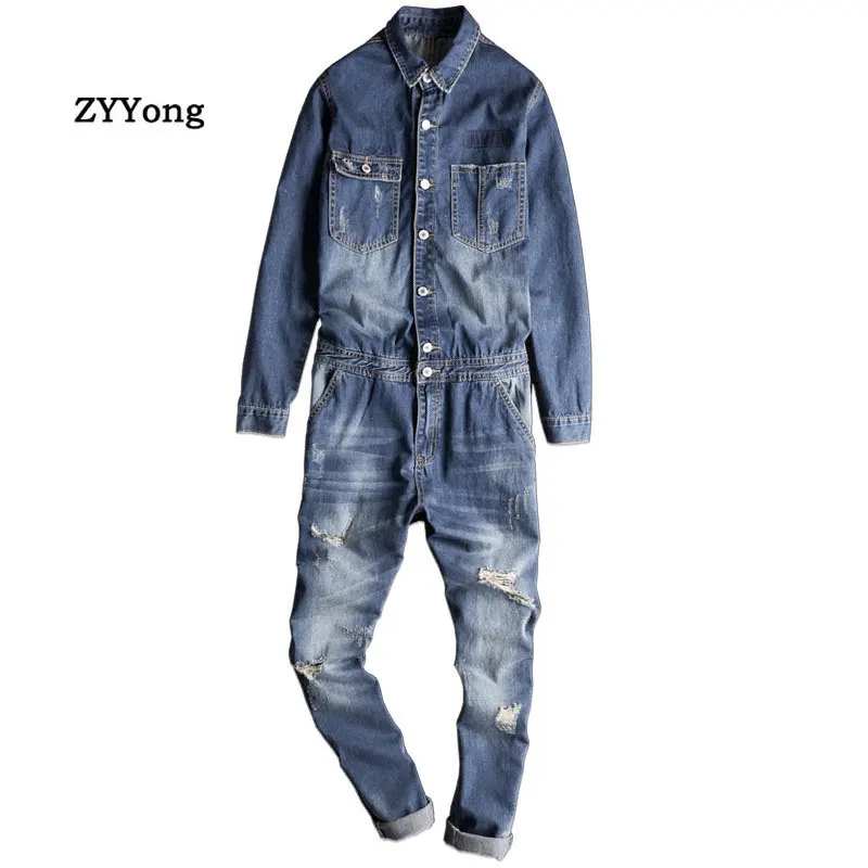 Men Denim Jumpsuits Long Sleeve Lapel Retro Motorcycle Style Hole Ripped Jeans Blue Overalls Hip Hop Cargo Pants Casual Trousers
