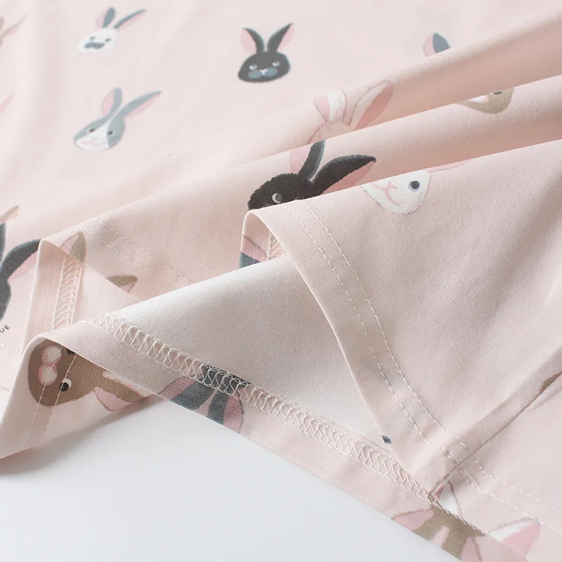 2021 Spring New Cartoon Loose Size Round Neck Nightdress Knitted Cotton Long Sleeve Long Skirt Household Clothes Can Be Worn Out